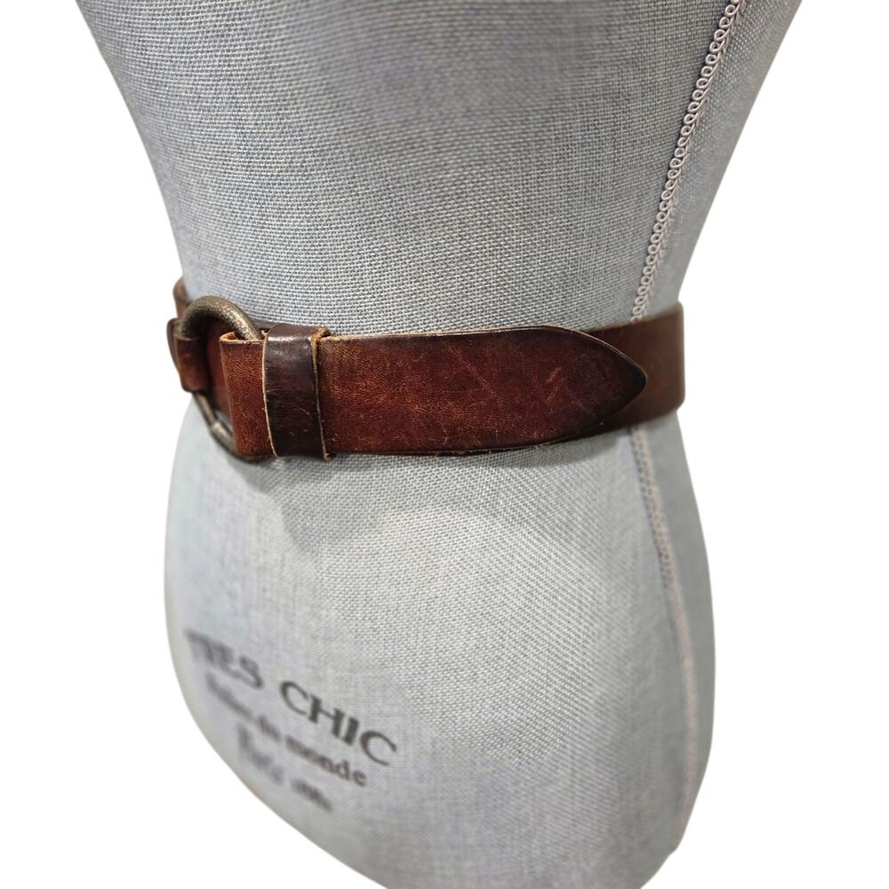 VTG 70s Handcrafted Brown Leather O-Ring Belt Rustic Artsy Distressed Leather S - Picture 4 of 9